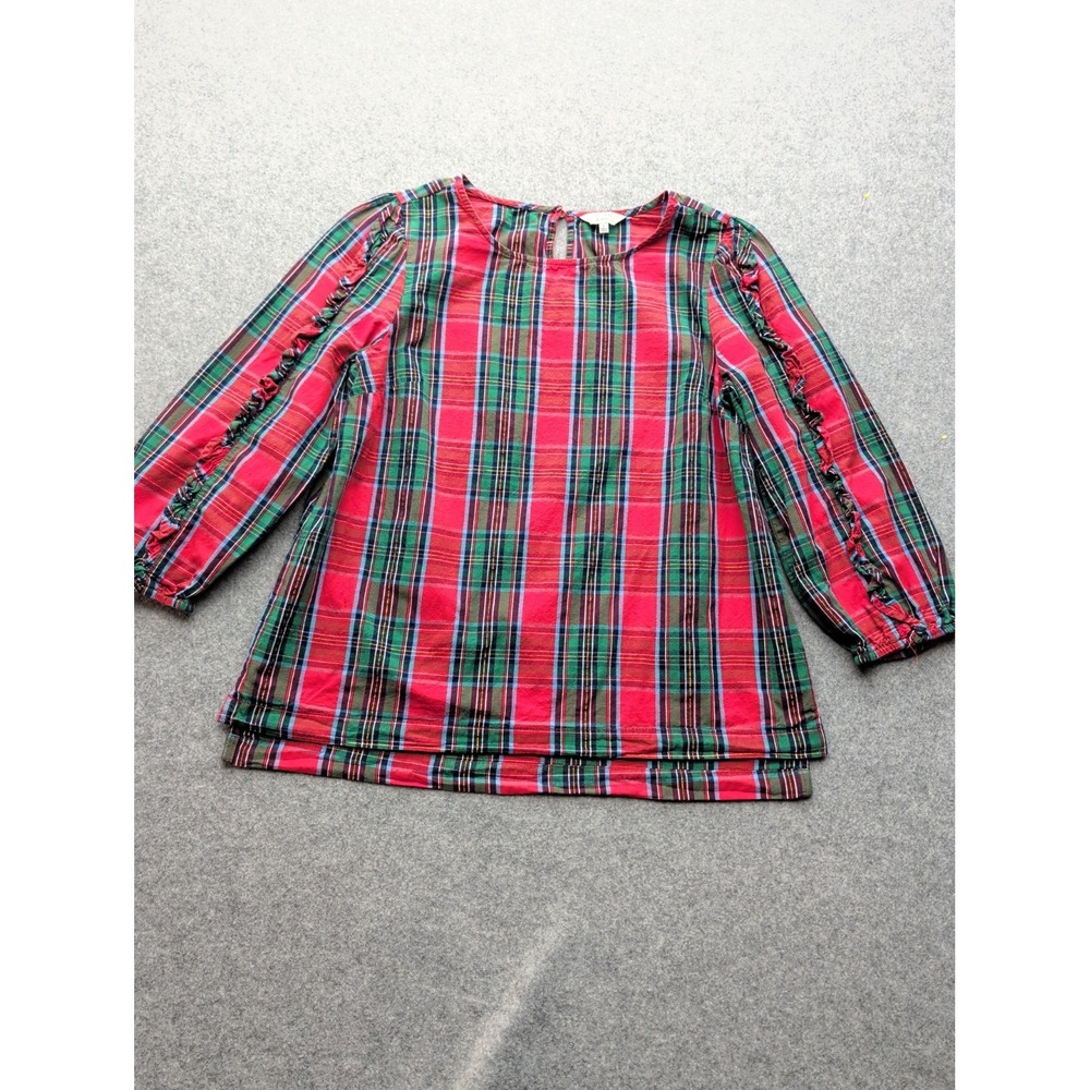 Crown & Ivy Women's Red & Green Plaid Ruffle Shoulder Blouse Small